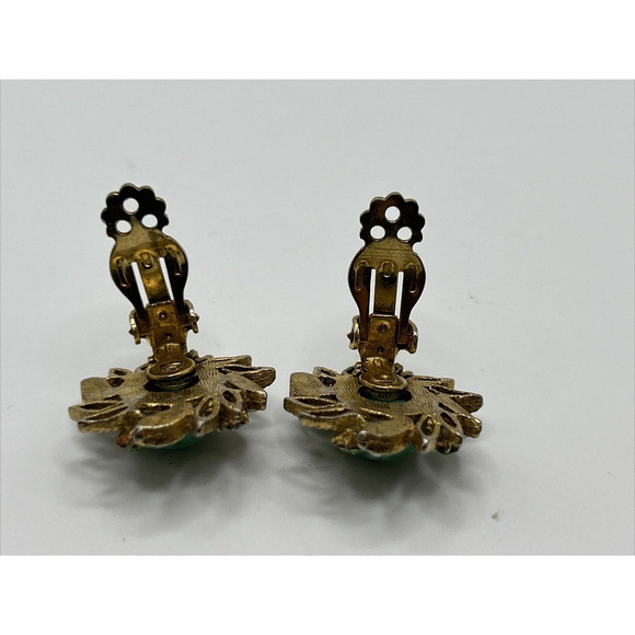 Vintage Green Oval Rhinestone Gold tone Clip On Earrings Costume - Picture 4 of 6